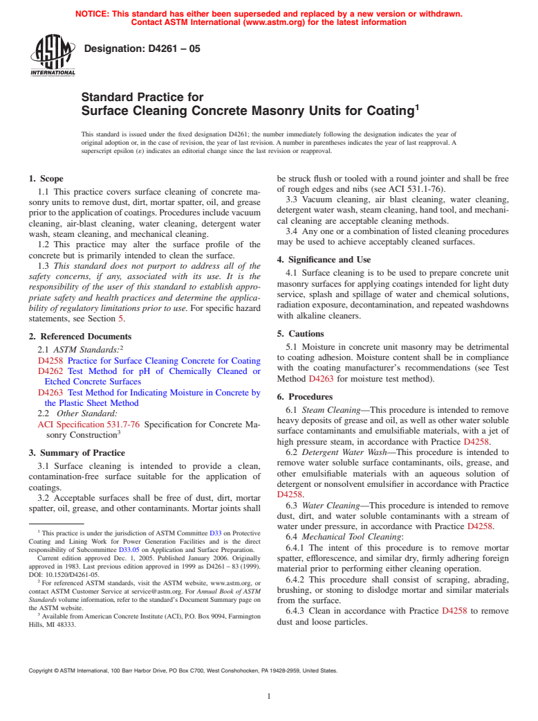 ASTM D4261-05 - Standard Practice for Surface Cleaning Concrete Masonry Units for Coating