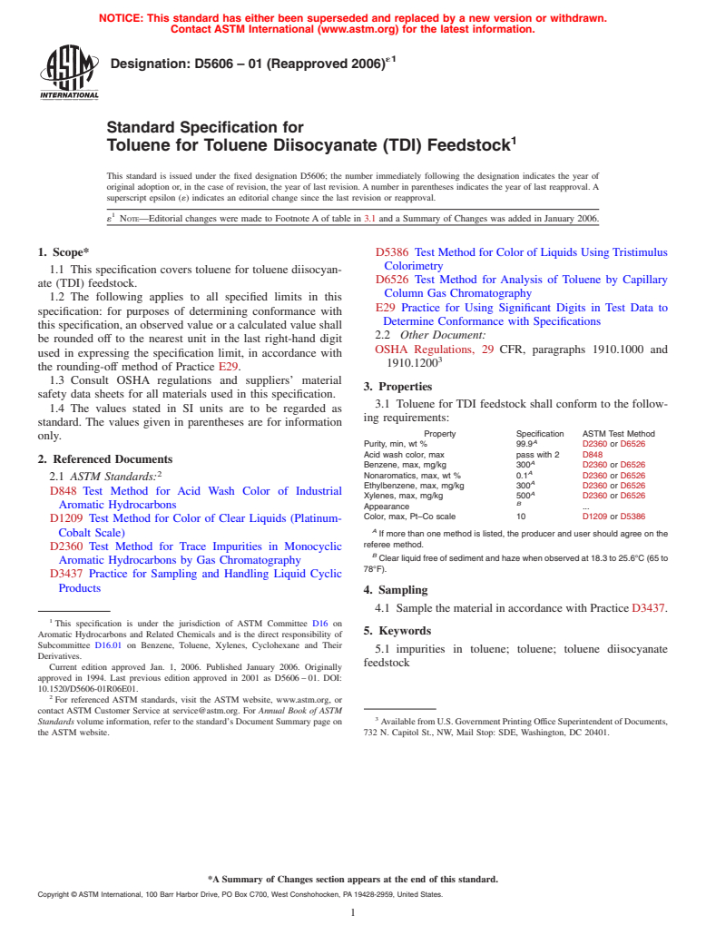 ASTM D5606-01(2006)e1 - Standard Specification for Toluene for Toluene Diisocyanate (TDI) Feedstock