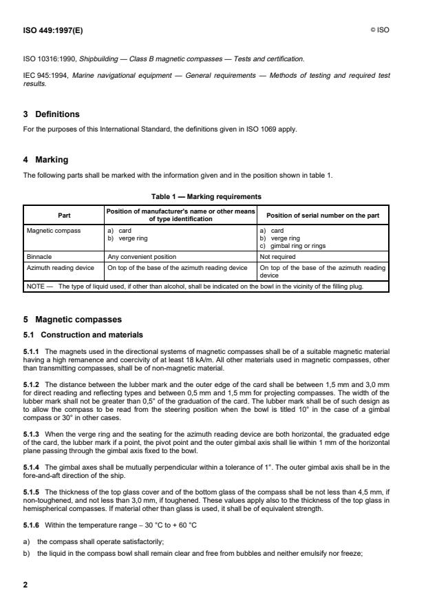 ISO 449:1997 ISO 449:1997 - Ships and marine technology -- Magnetic compasses, binnacles and azimuth reading devices -- Class A - Page 4 preview