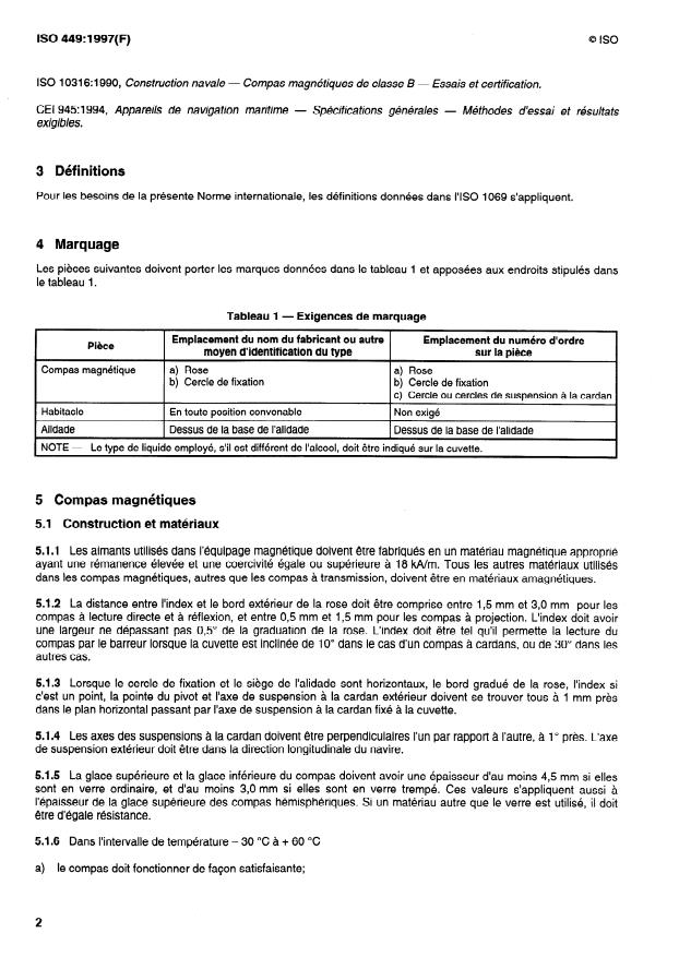 ISO 449:1997 ISO 449:1997 - Navires et technologie maritime -- Compas magnétiques, habitacles et alidades -- Classe A - Page 4 preview