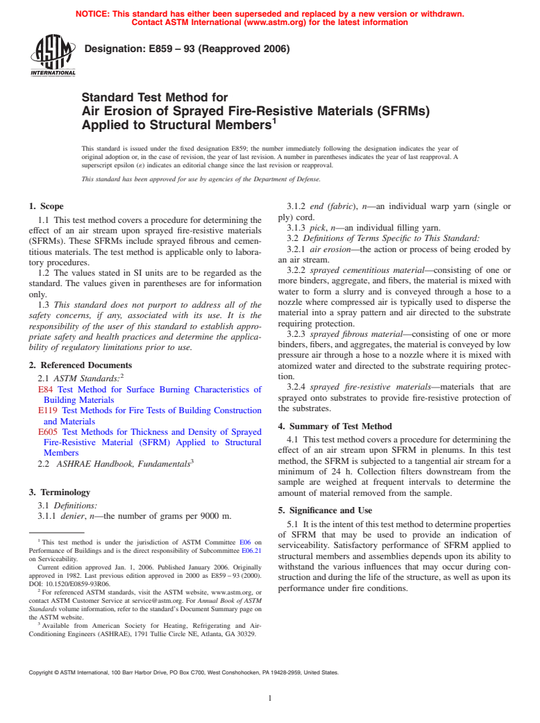 ASTM E859-93(2006) - Standard Test Method for Air Erosion of Sprayed Fire-Resistive Materials (SFRMs) Applied to Structural Members