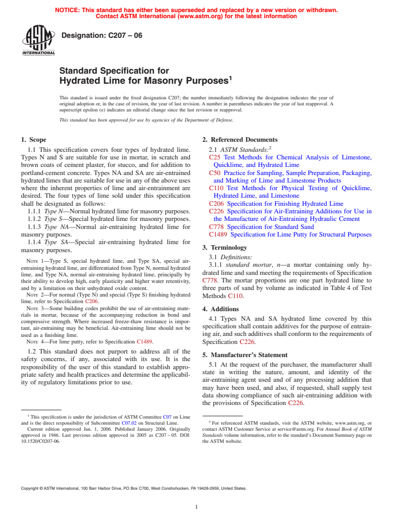 ASTM C207-06 - Standard Specification for Hydrated Lime for Masonry Purposes