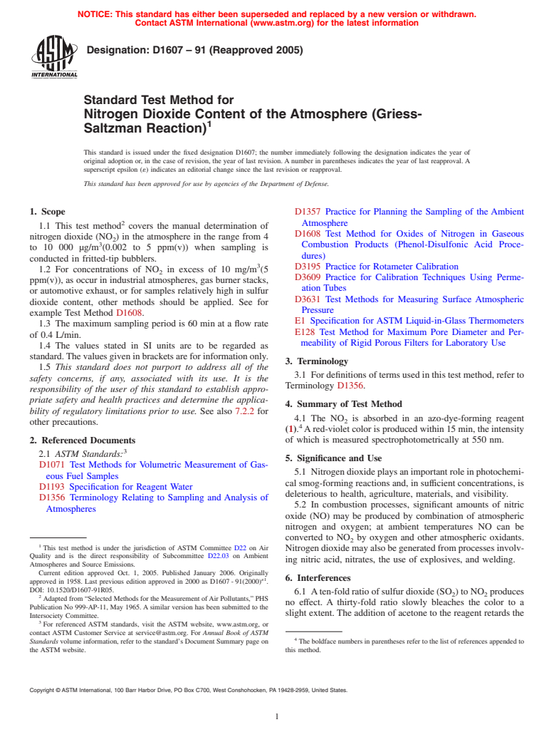 ASTM D1607-91(2005) - Standard Test Method for Nitrogen Dioxide Content of the Atmosphere (Griess-Saltzman Reaction)