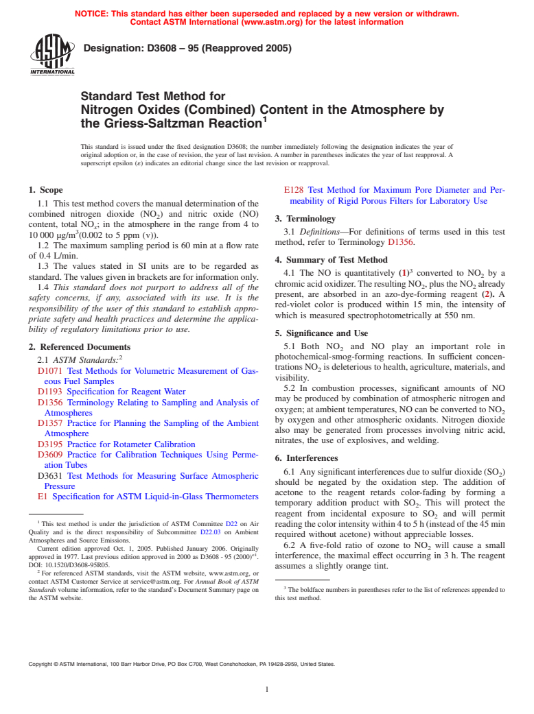 ASTM D3608-95(2005) - Standard Test Method for Nitrogen Oxides (Combined) Content in the Atmosphere by the Griess-Saltzman Reaction