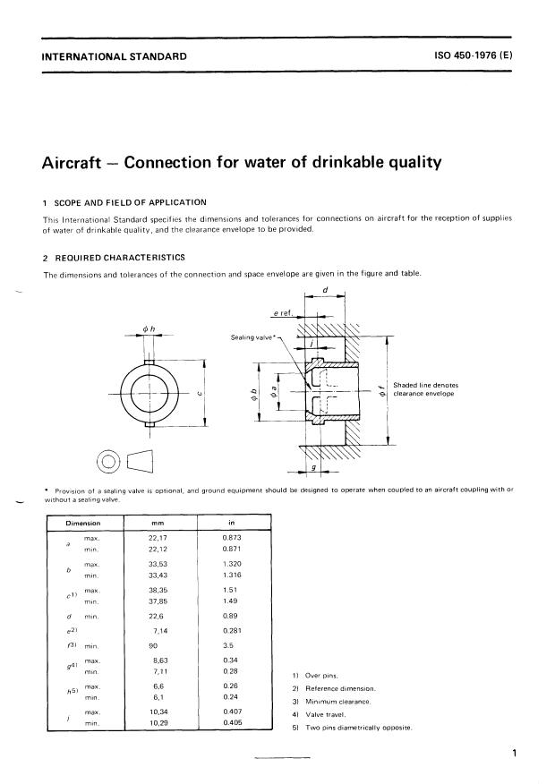 ISO 450:1976 - Aircraft -- Connection for water of drinkable quality
