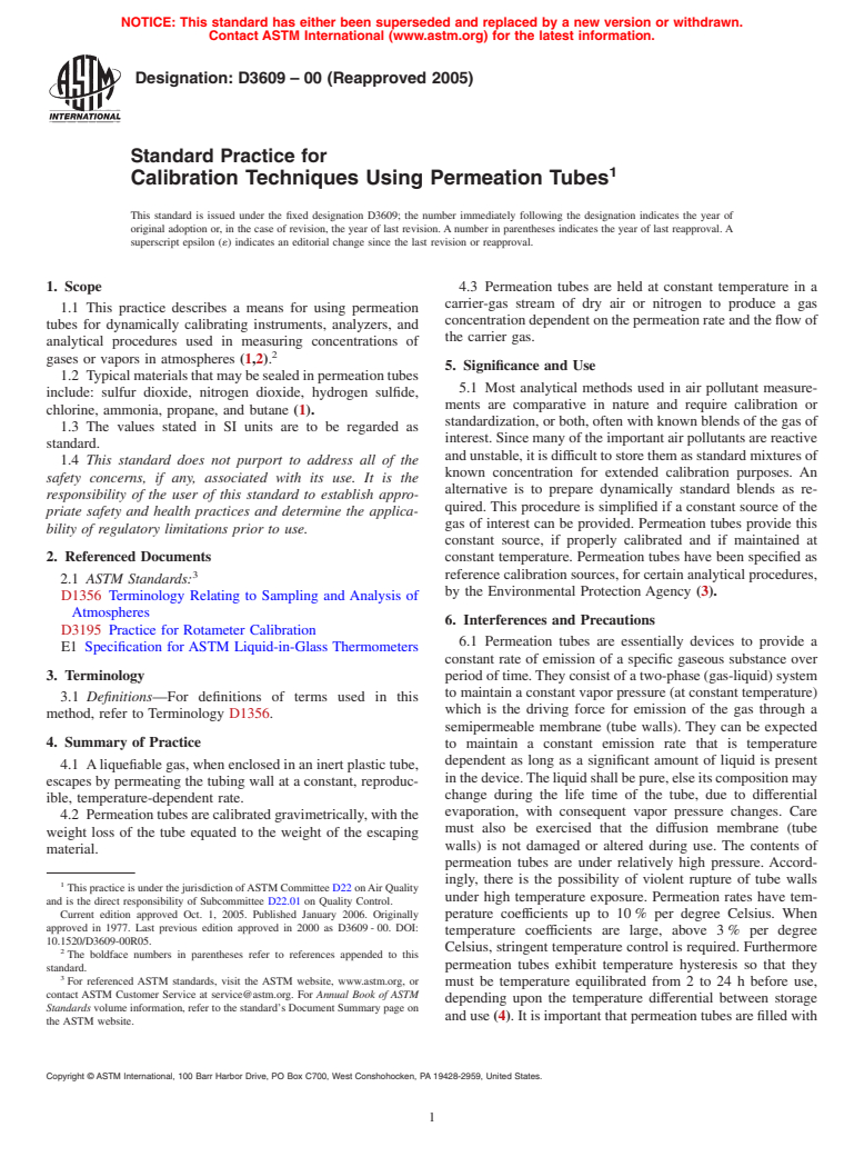 ASTM D3609-00(2005) - Standard Practice for Calibration Techniques Using Permeation Tubes