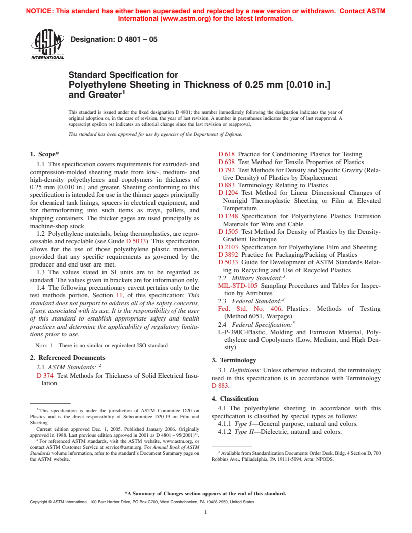 ASTM D4801-05 - Standard Specification for Polyethylene Sheeting in Thickness of 0.25 mm (0.010 in.) and Greater