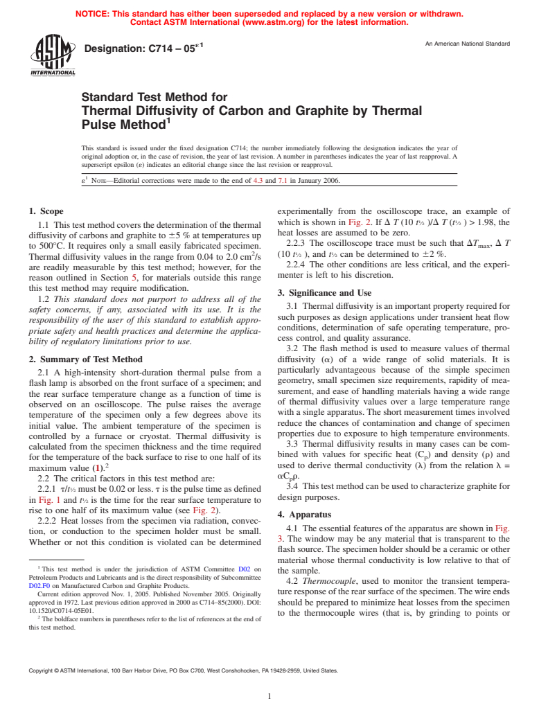 ASTM C714-05e1 - Standard Test Method for Thermal Diffusivity of Carbon and Graphite by Thermal Pulse Method