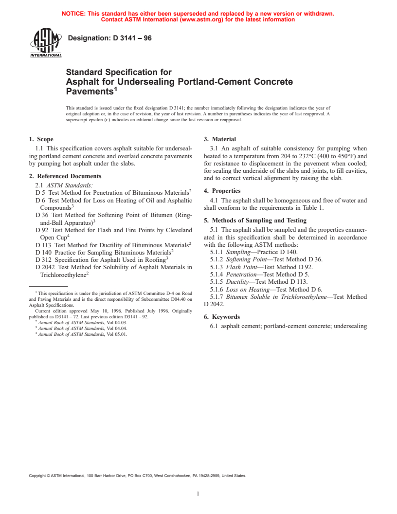 ASTM D3141-96 - Standard Specification for Asphalt for Undersealing Portland-Cement Concrete Pavements