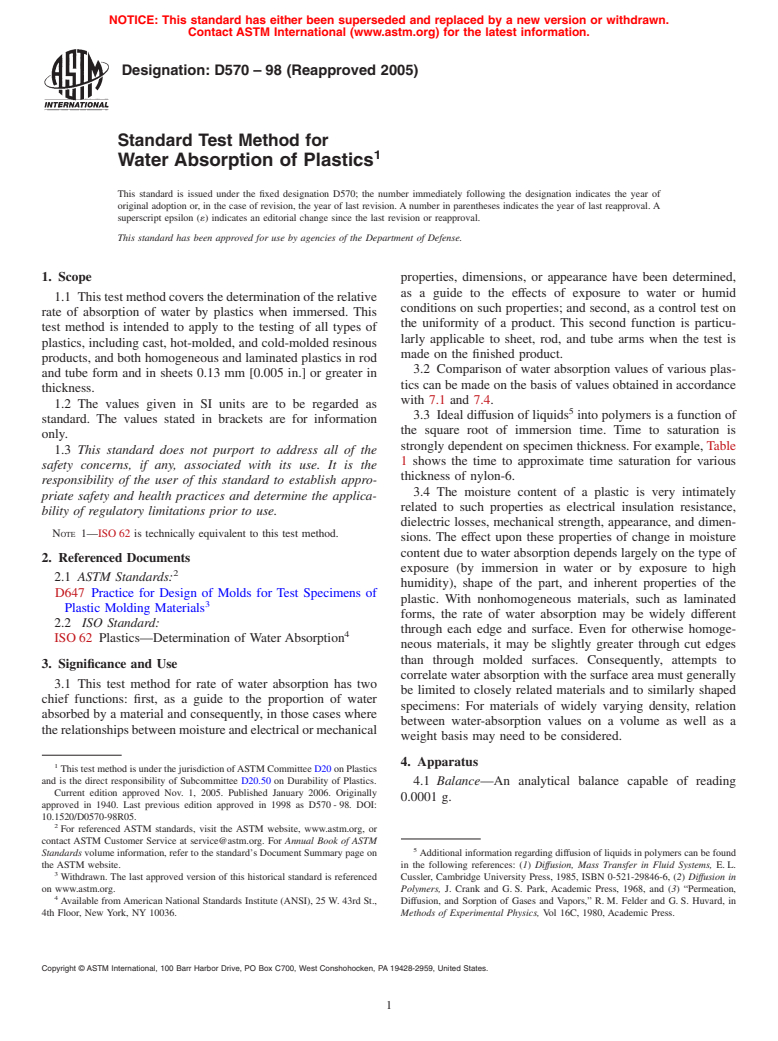 ASTM D570-98(2005) - Standard Test Method for Water Absorption of Plastics