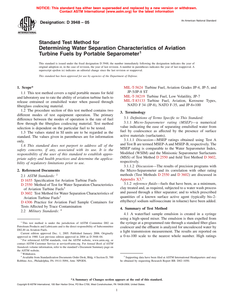 ASTM D3948-05 - Standard Test Method for Determining Water Separation Characteristics of Aviation Turbine Fuels by Portable Separometer