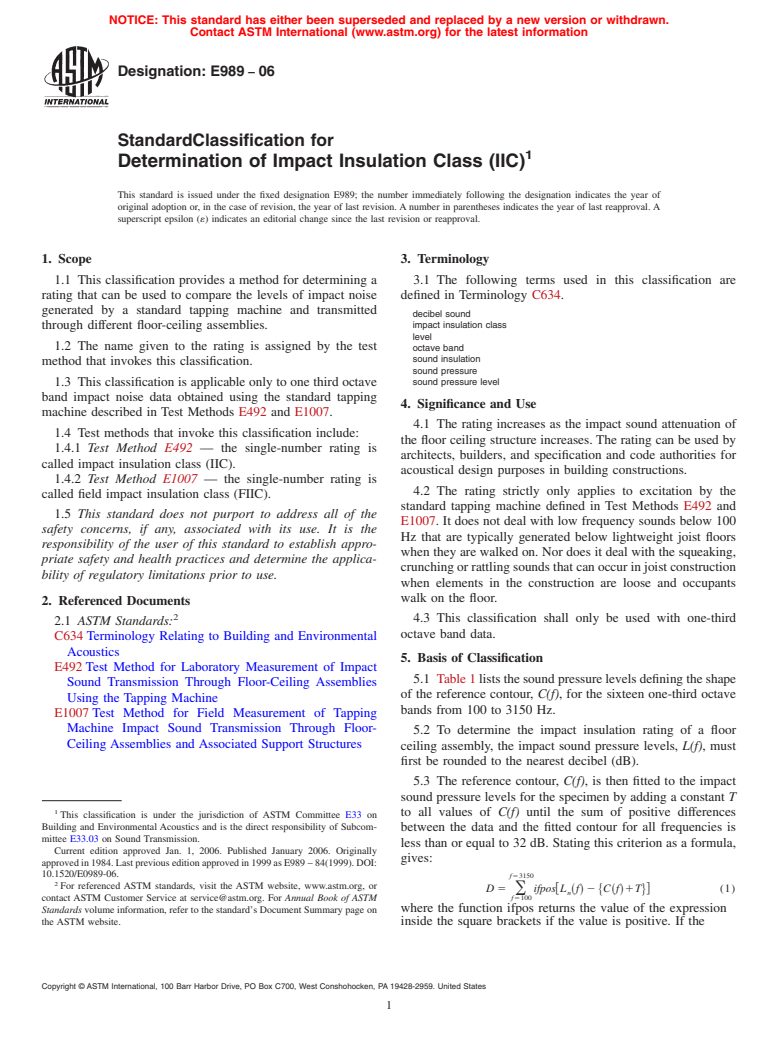 ASTM E989-06 - Standard Classification for Determination of Impact Insulation Class (IIC)