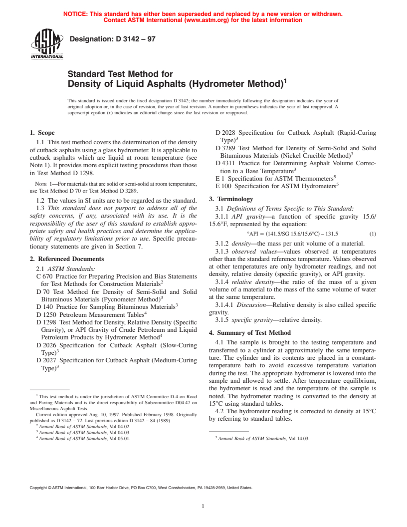 ASTM D3142-97 - Standard Test Method for Density of Liquid asphalts (Hydrometer Method)