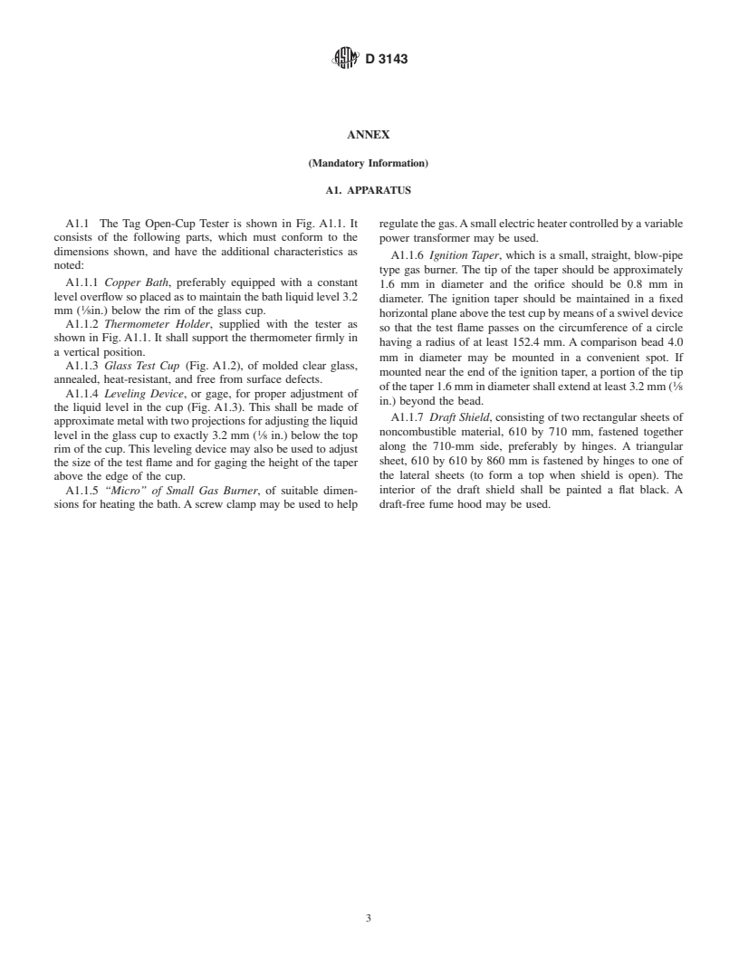 ASTM D3143-98 - Standard Test Method for Flash Point of Cutback Asphalt with Tag Open-Cup Apparatus (Withdrawn 2007)