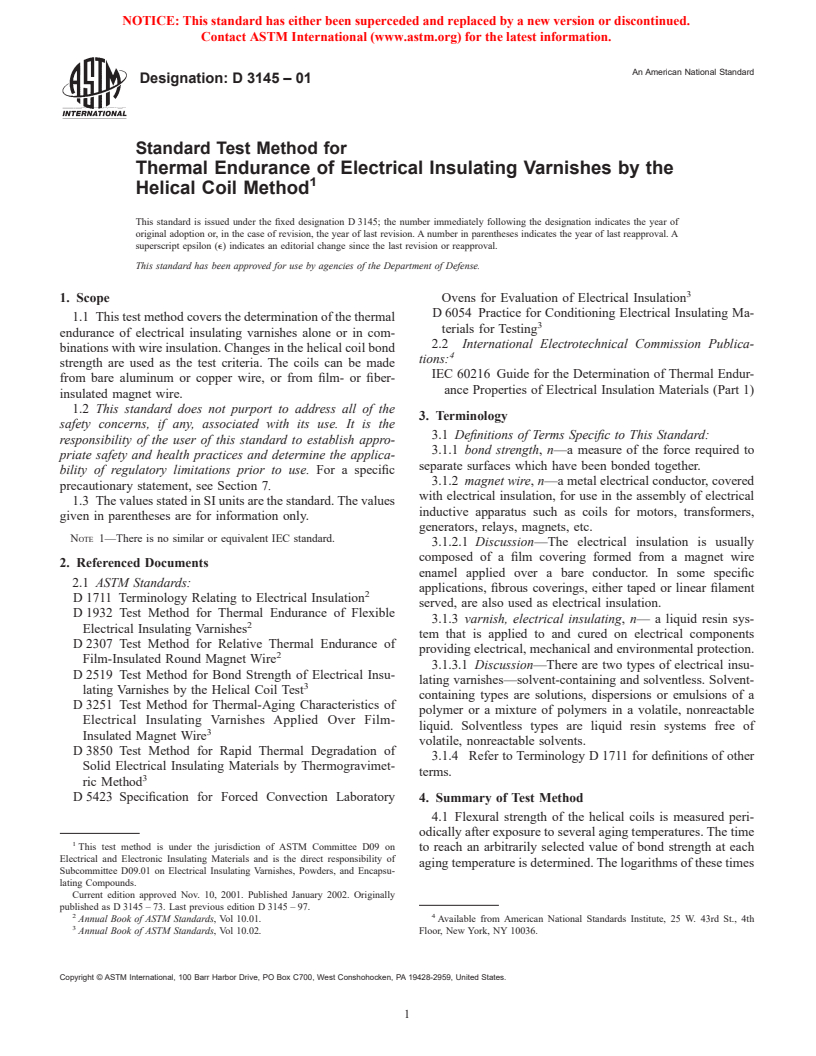 ASTM D3145-01 - Standard Test Method for Thermal Endurance of Electrical Insulating Varnishes by the Helical Coil Method