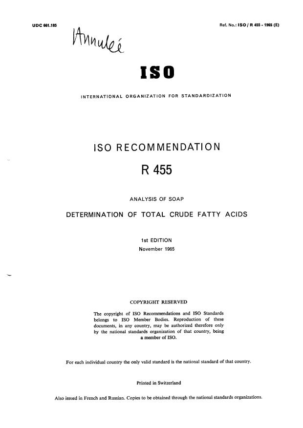 ISO/R 455:1965 - Withdrawal of ISO/R 455-1965