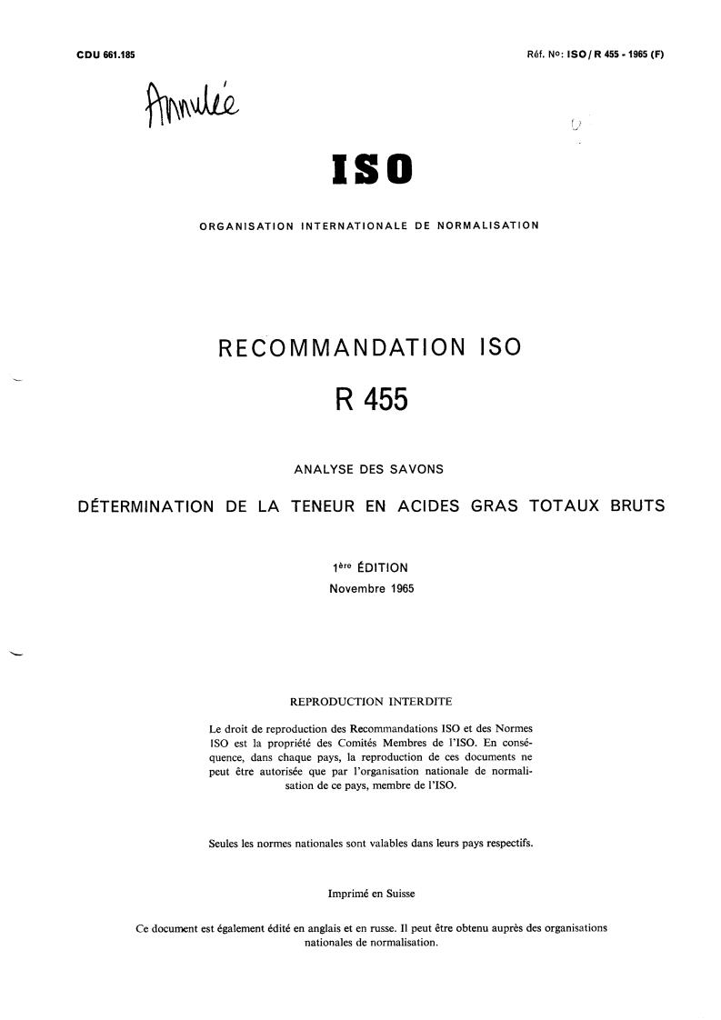 ISO/R 455:1965 - Withdrawal of ISO/R 455-1965
Released:12/1/1965
