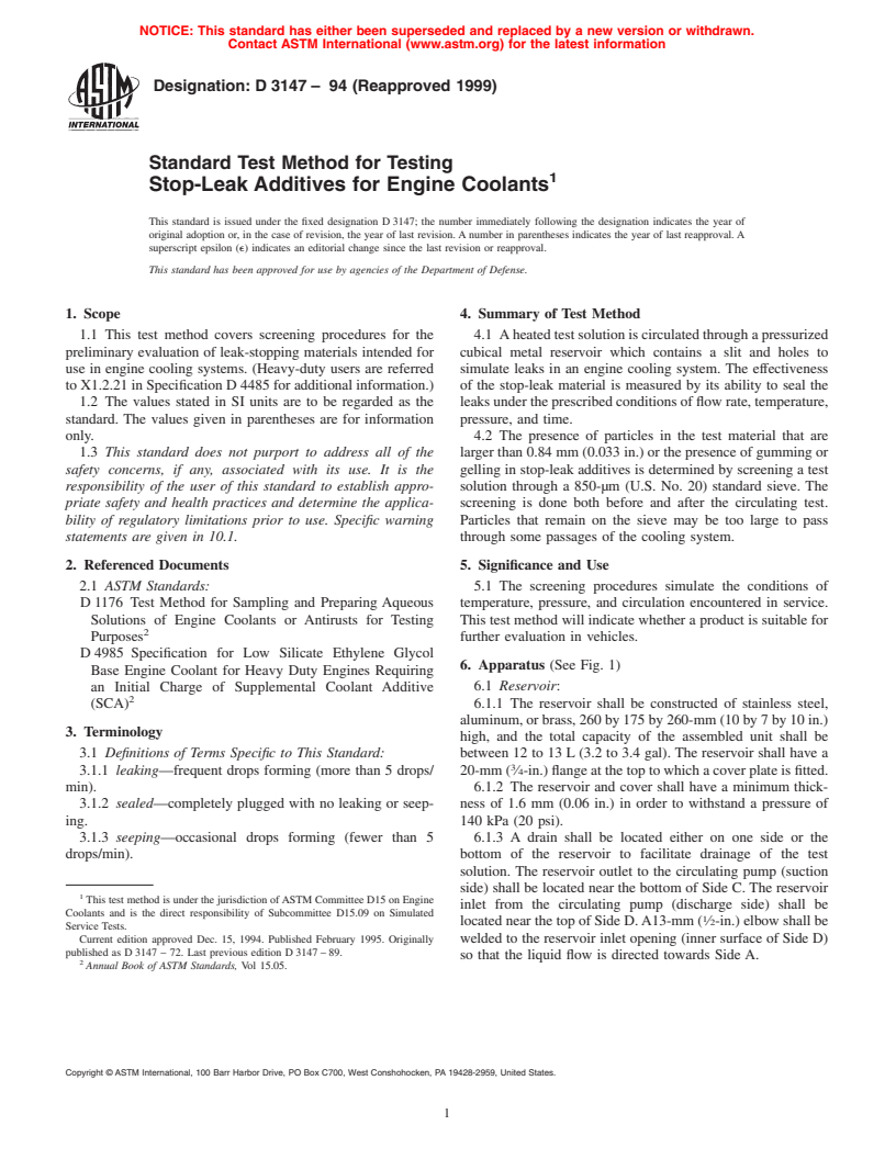 ASTM D3147-94(1999) - Standard Test Method for Testing Stop-Leak Additives for Engine Coolants