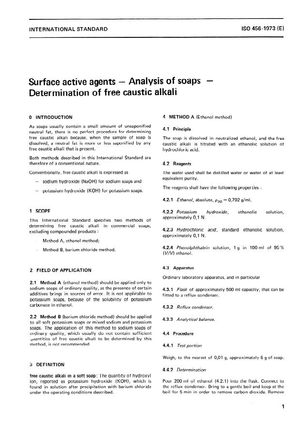ISO 456:1973 - Surface active agents -- Analysis of soaps -- Determination of free caustic alkali