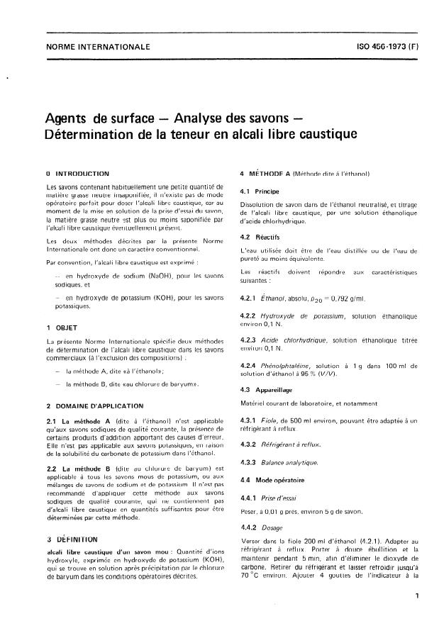 ISO 456:1973 - Agents de surface -- Analyse des savons -- Détermination de la teneur en alcali libre caustique