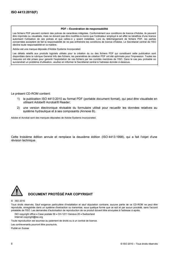 ISO 4413:2010 ISO 4413:2010 - Transmissions hydrauliques -- Regles générales et exigences de sécurité relatives aux systemes et leurs composants - Page 2 preview