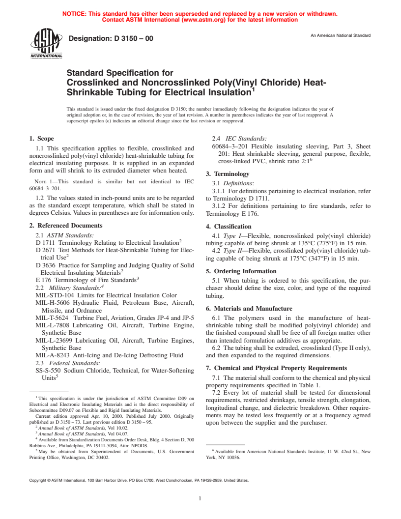 ASTM D3150-00 - Standard Specification for Crosslinked and Noncrosslinked Poly(Vinyl Chloride) Heat-Shrinkable Tubing for Electrical Insulation