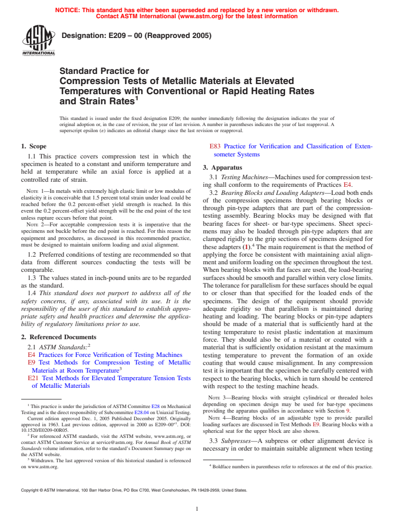 ASTM E209-00(2005) - Standard Practice for Compression Tests of Metallic Materials at Elevated Temperatures with Conventional or Rapid Heating Rates and Strain Rates