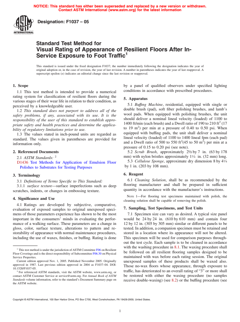 ASTM F1037-05 - Standard Test Method for Visual Rating of Appearance of Resilient Floors After In-Service Exposure to Foot Traffic