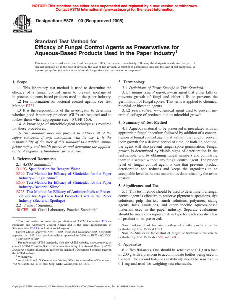 ASTM E875-00(2005) - Standard Test Method for Efficacy of Fungal Control Agents as Preservatives for Aqueous-Based Products Used in the Paper Industry