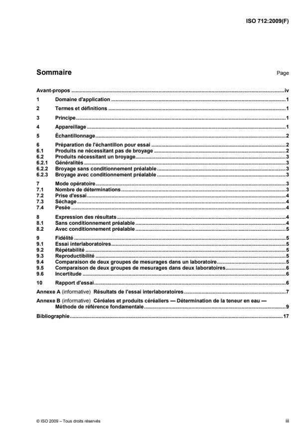 ISO 712:2009 - Céréales et produits céréaliers -- Détermination de la teneur en eau -- Méthode de référence