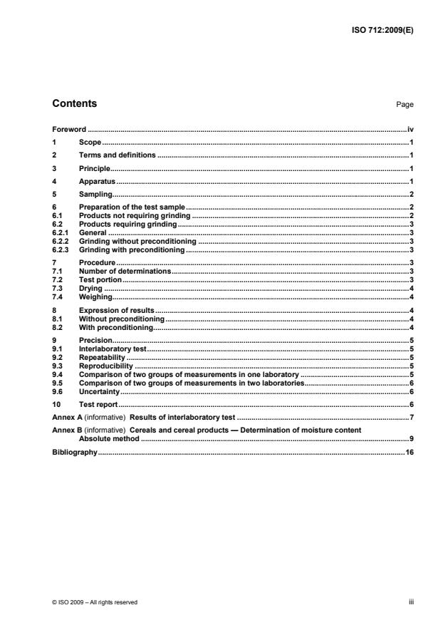 ISO 712:2009 - Cereals and cereal products -- Determination of moisture content -- Reference method