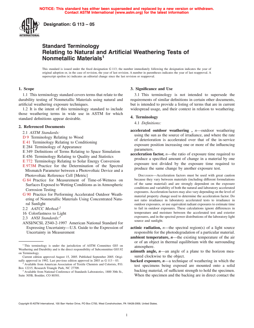 ASTM G113-05 - Standard Terminology Relating to Natural and Artificial Weathering Tests of Nonmetallic Materials