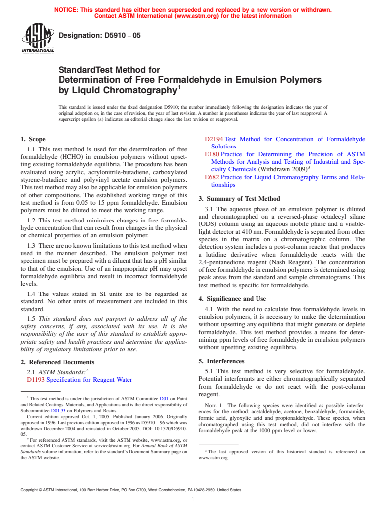 ASTM D5910-05 - Standard Test Method for Determination of Free Formaldehyde in Emulsion Polymers by Liquid Chromatography