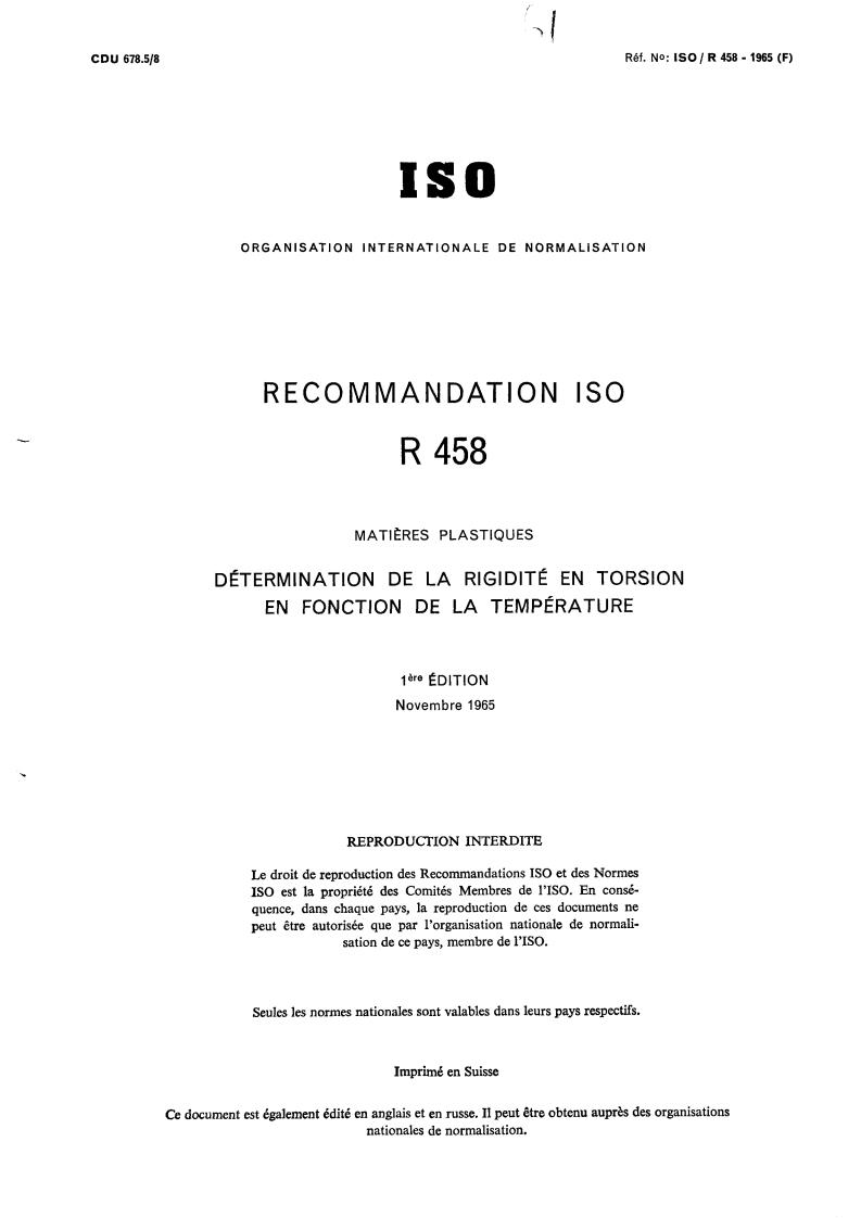 ISO/R 458:1965 - Plastics — Determination of stiffness in torsion as a function of temperature
Released:11/1/1965
