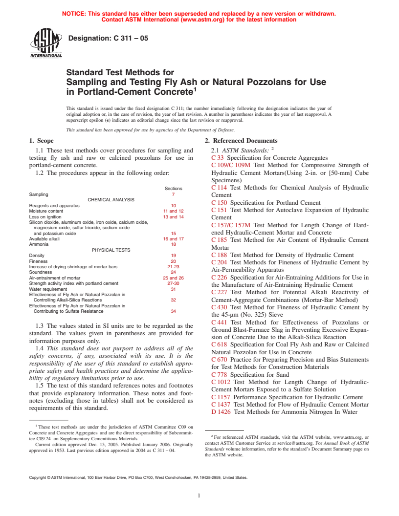 ASTM C311-05 - Standard Test Methods for Sampling and Testing Fly Ash or Natural Pozzolans for Use in Portland-Cement Concrete