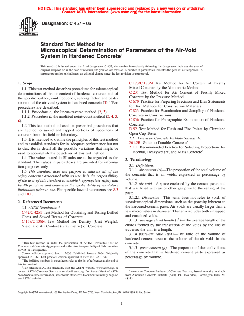 ASTM C457-06 - Standard Test Method for Microscopical Determination of Parameters of the Air-Void System in Hardened Concrete