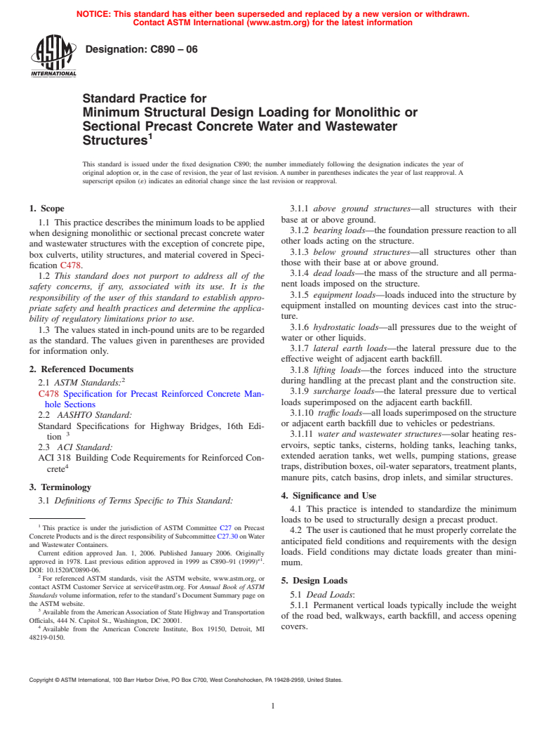 ASTM C890-06 - Standard Practice for Minimum Structural Design Loading for Monolithic or Sectional Precast Concrete Water and Wastewater Structures