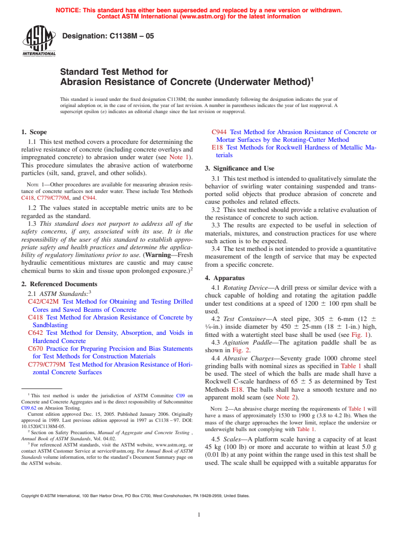 ASTM C1138M-05 - Standard Test Method for Abrasion Resistance of Concrete (Underwater Method)