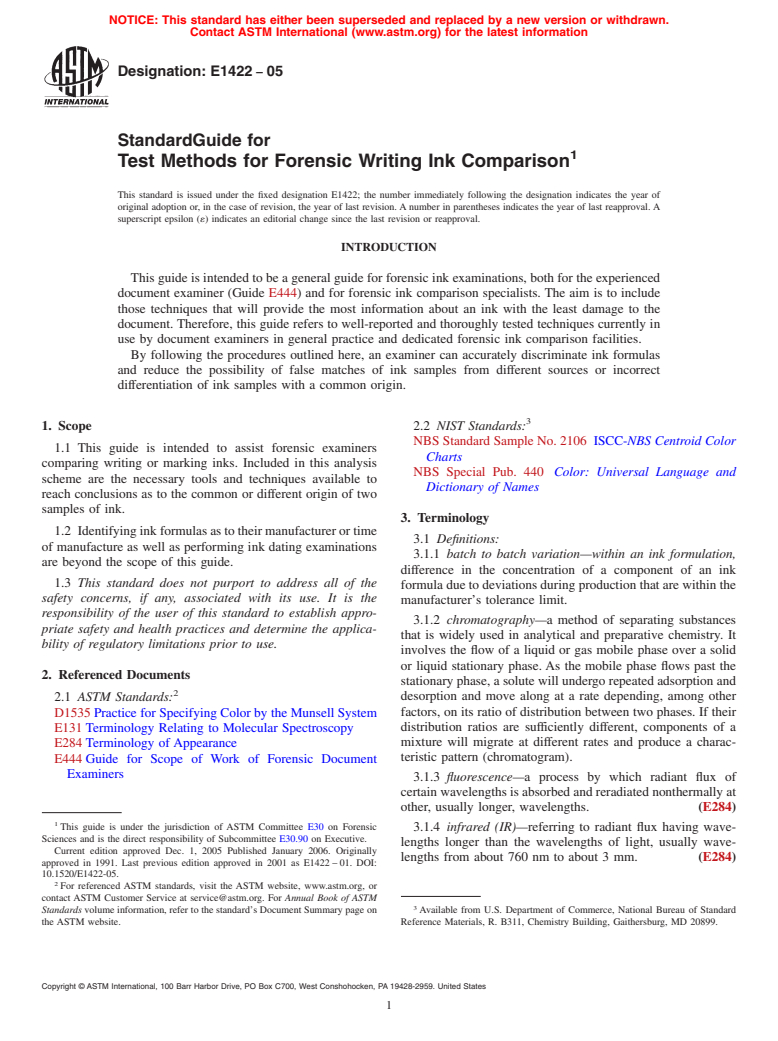 ASTM E1422-05 - Standard Guide for Test Methods for Forensic Writing Ink Comparison (Withdrawn 2014)