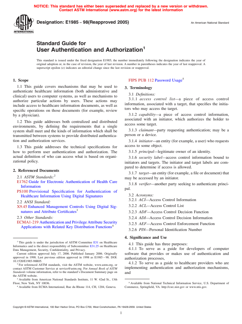 ASTM E1985-98(2005) - Standard Guide for User Authentication and Authorization