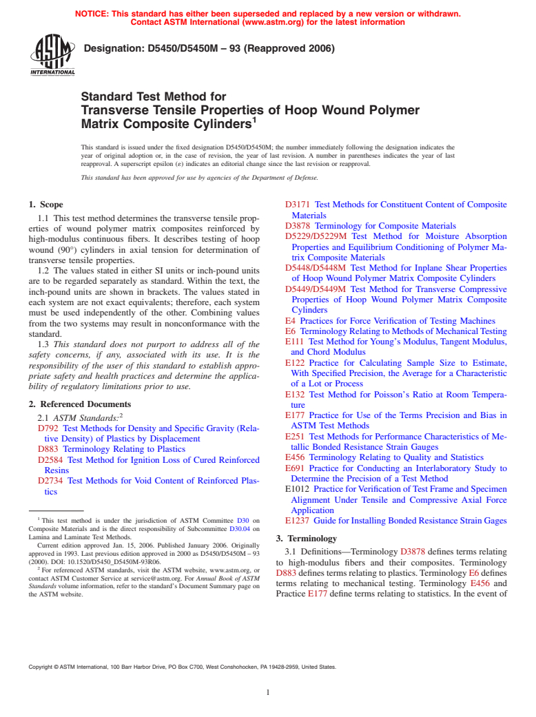 ASTM D5450/D5450M-93(2006) - Standard Test Method for Transverse Tensile Properties of Hoop Wound Polymer Matrix Composite Cylinders