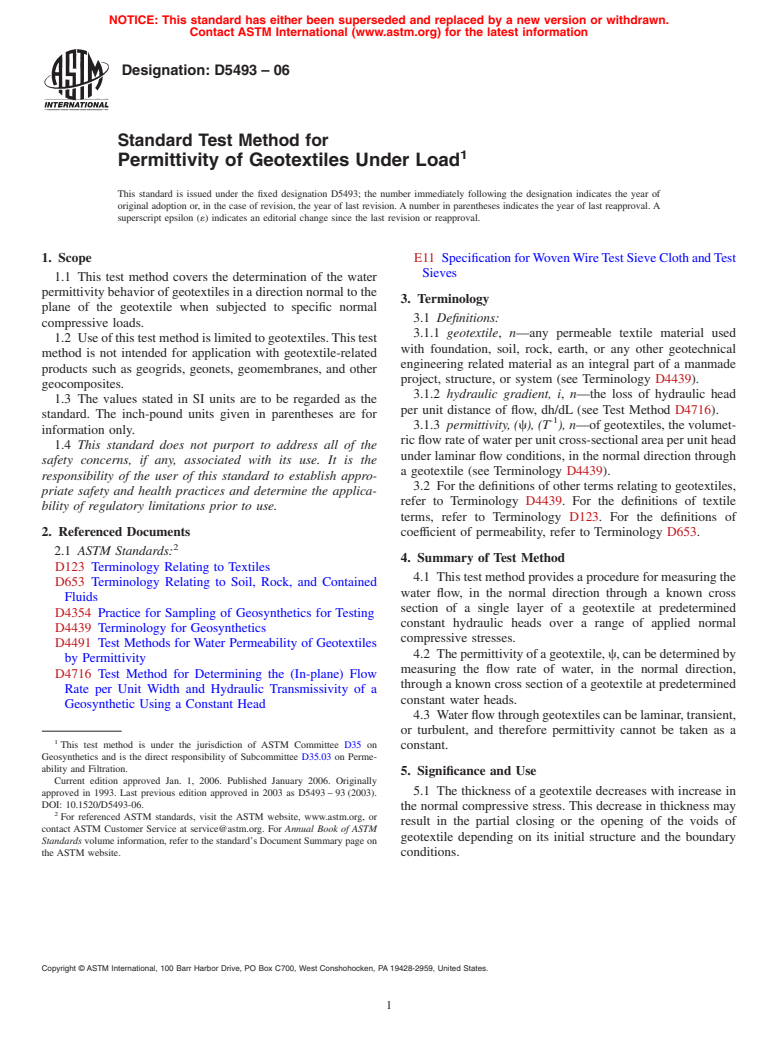 ASTM D5493-06 - Standard Test Method for Permittivity of Geotextiles Under Load