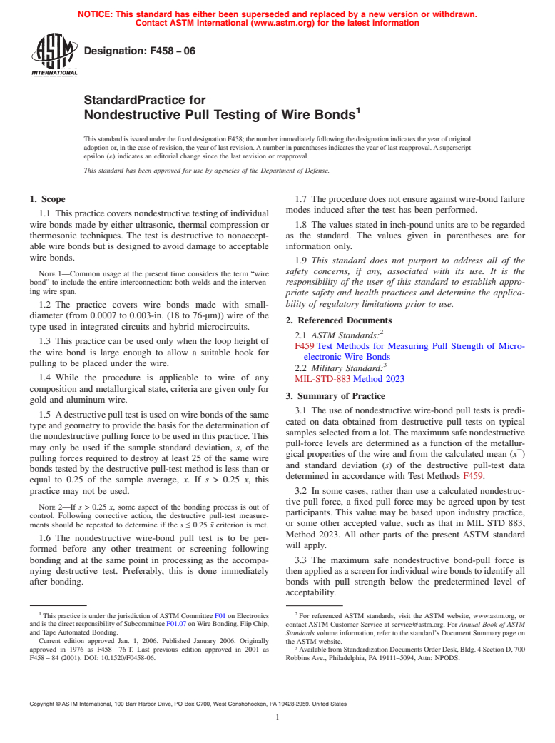 ASTM F458-06 - Standard Practice for Nondestructive Pull Testing of Wire Bonds