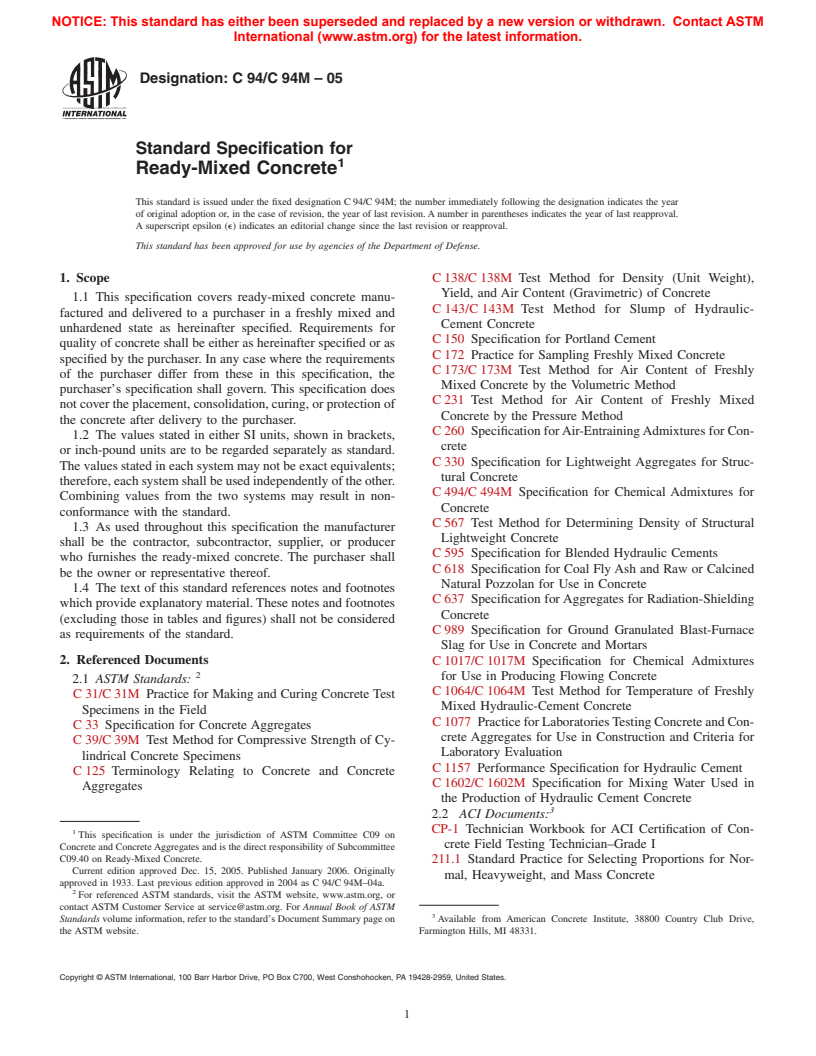 ASTM C94/C94M-05 - Standard Specification for Ready-Mixed Concrete