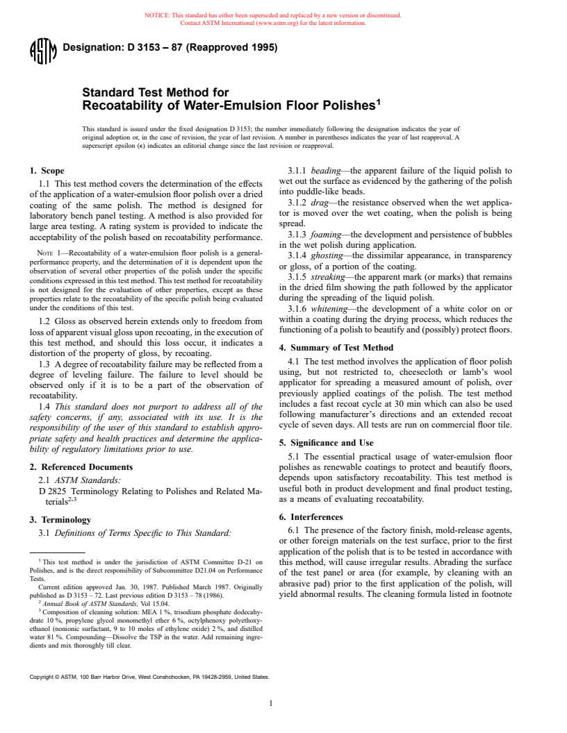 ASTM D3153-87(1995) - Standard Test Method for Recoatability of Water-Emulsion Floor Polishes