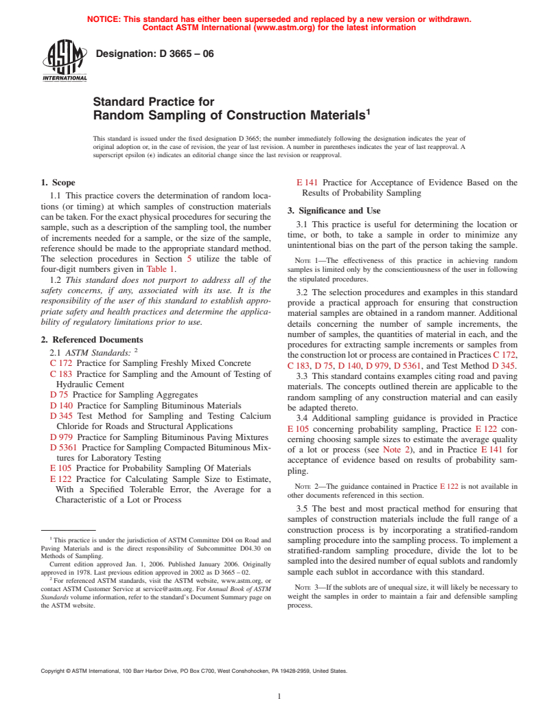 ASTM D3665-06 - Standard Practice for Random Sampling of Construction Materials