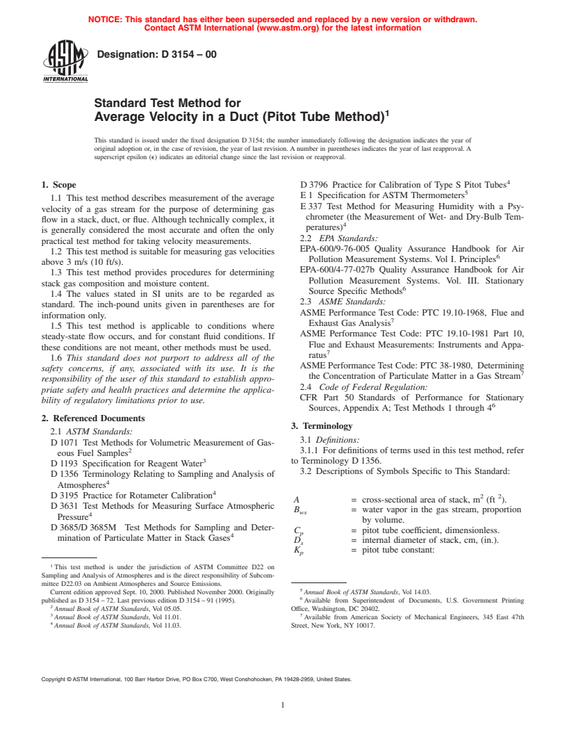 ASTM D3154-00 - Standard Test Method for Average Velocity in a Duct (Pitot Tube Method)