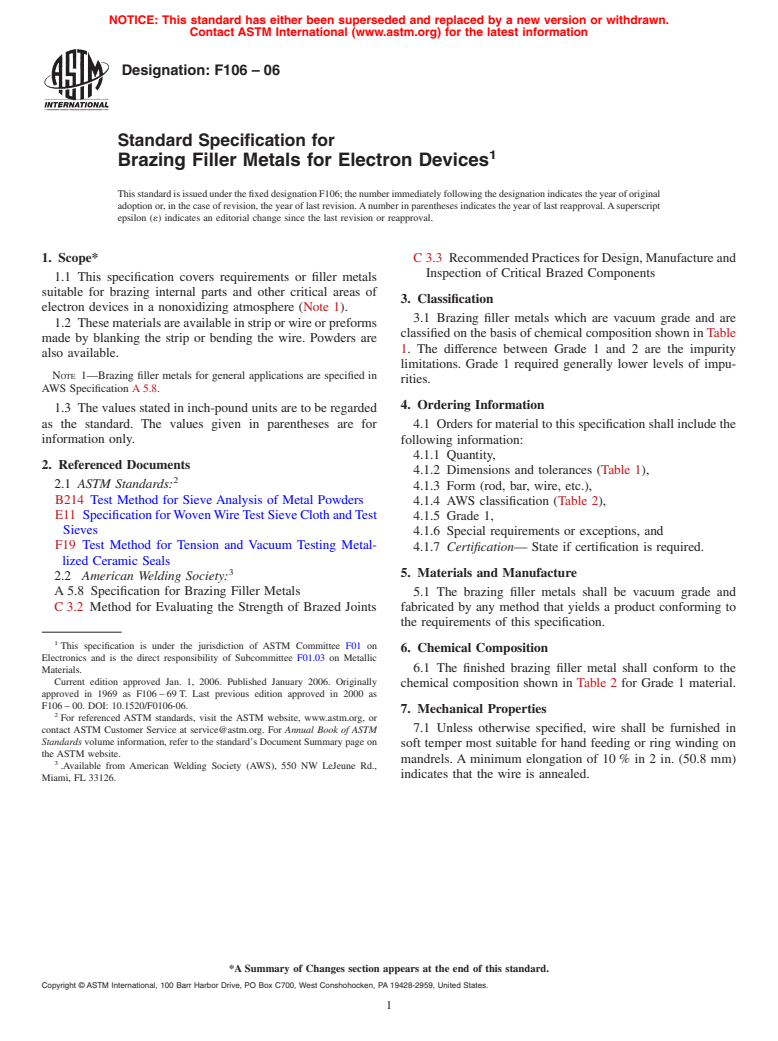 ASTM F106-06 - Standard Specification for Brazing Filler Metals for Electron Devices