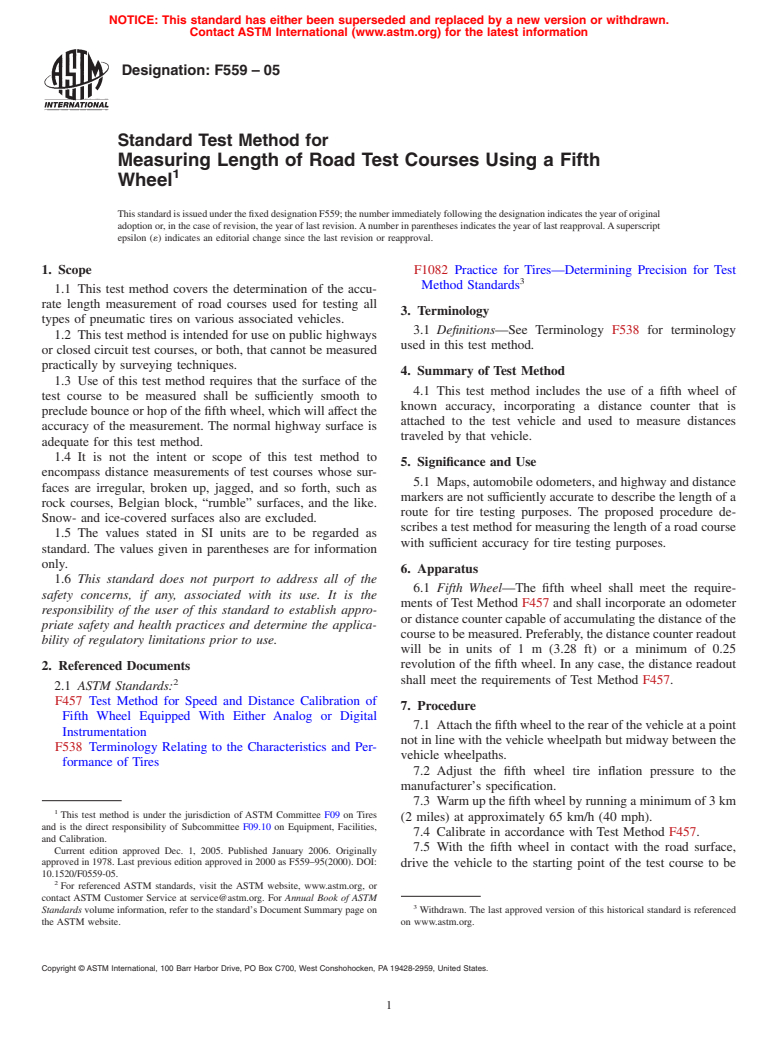 ASTM F559-05 - Standard Test Method for Measuring Length of Road Test Courses Using a Fifth Wheel