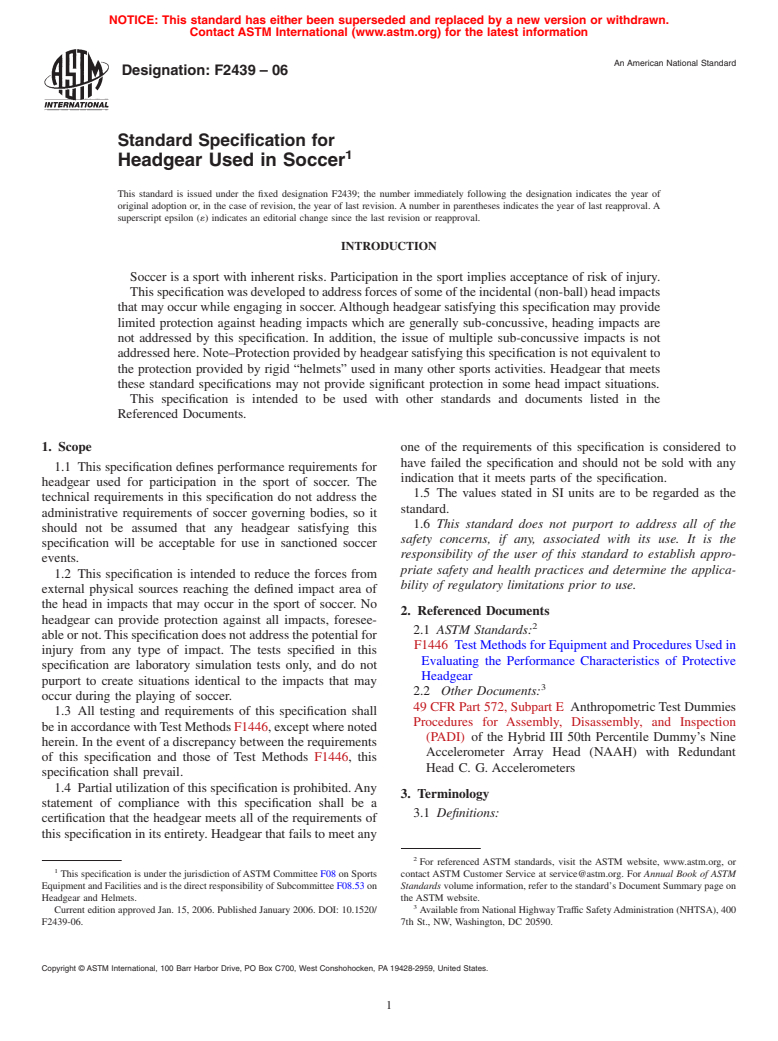 ASTM F2439-06 - Standard Specification for Headgear Used in Soccer